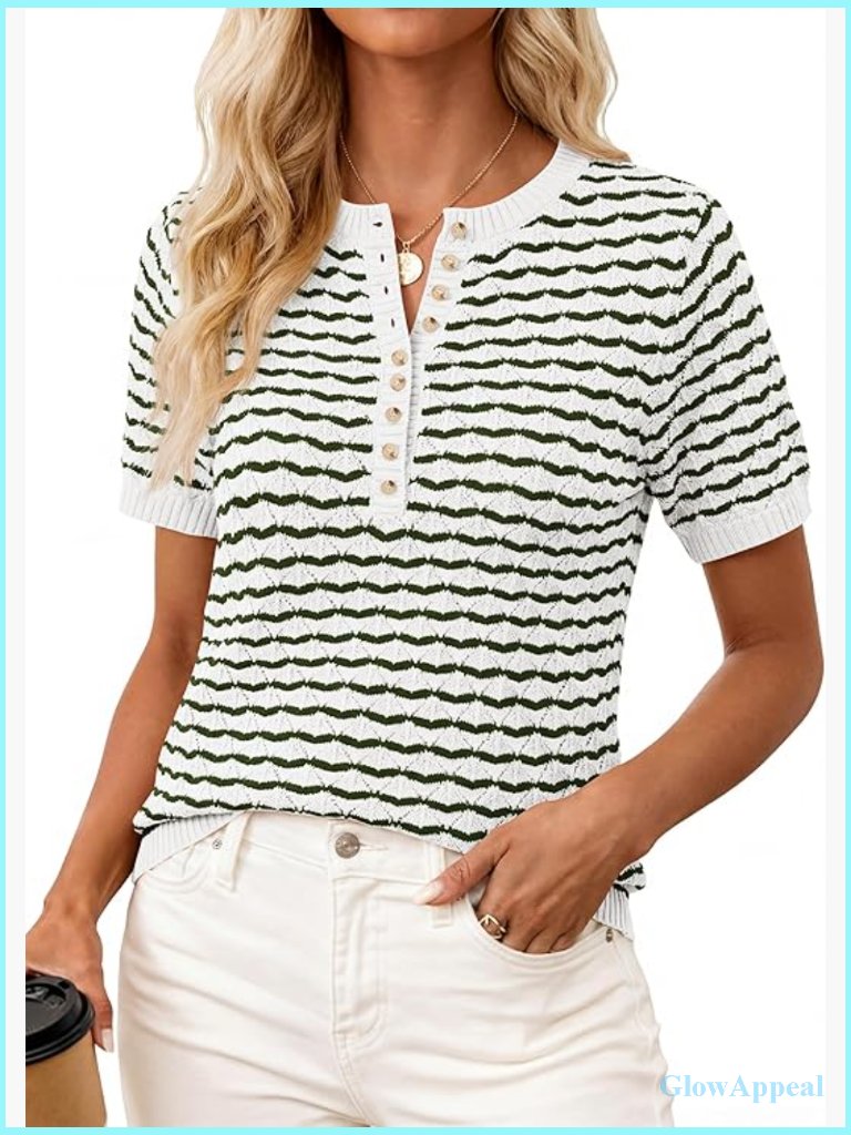Short Sleeve Henley Knit Top, Lightweight Acrylic Cotton Blend, Crewneck Button